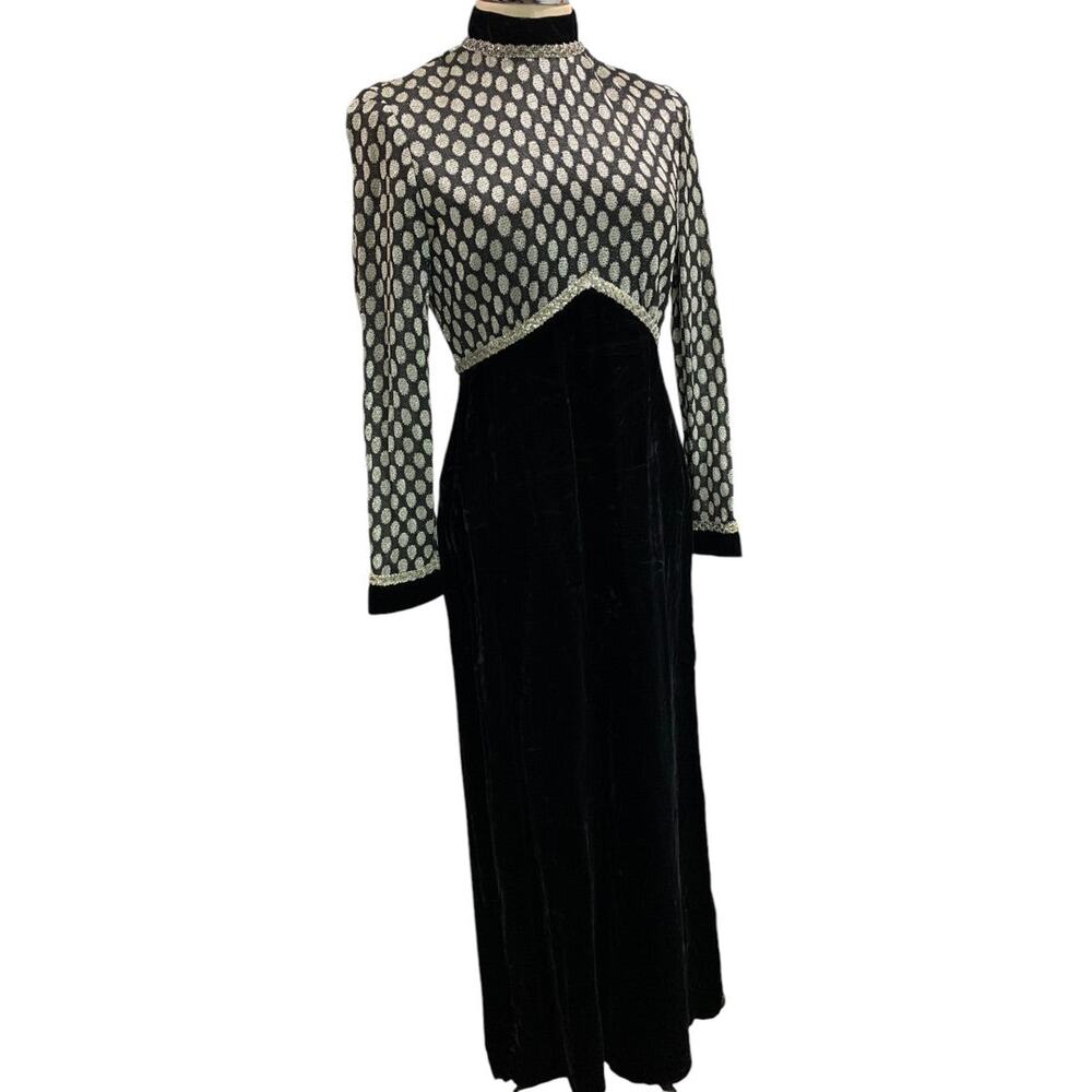 Small Vintage 1970s Black Velvet Metallic Dot Gown Long Fitted Bodice